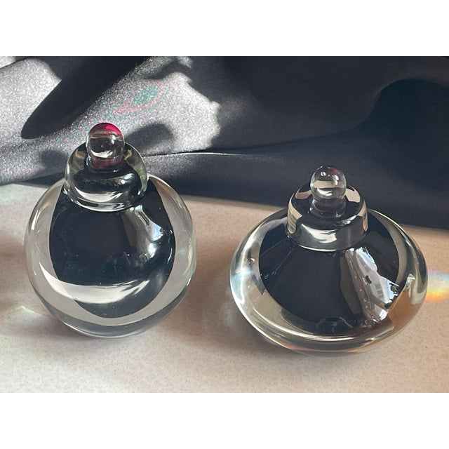 Glass Pair of Vintage Amethyst Studio Glass Perfume Bottles- Unsigned - Mid 20th Century For Sale - Image 7 of 12