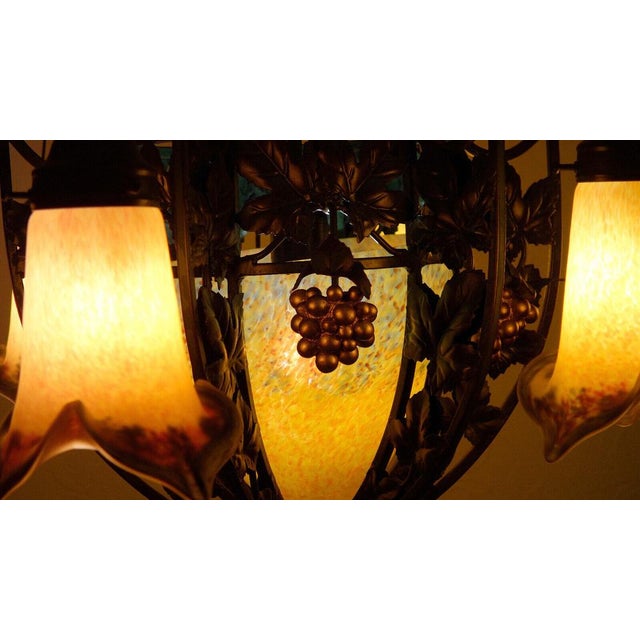 Art Deco Wrought Iron Pate de Verre Glass Chandelier, France, 1990s For Sale - Image 12 of 18
