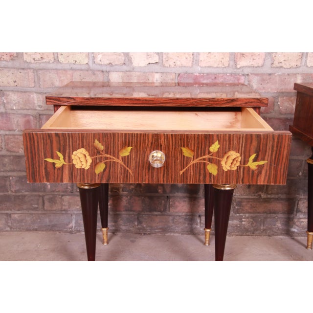French Art Deco Macassar Ebony Inlaid Marquetry Nightstands, Circa 1950s For Sale - Image 9 of 13