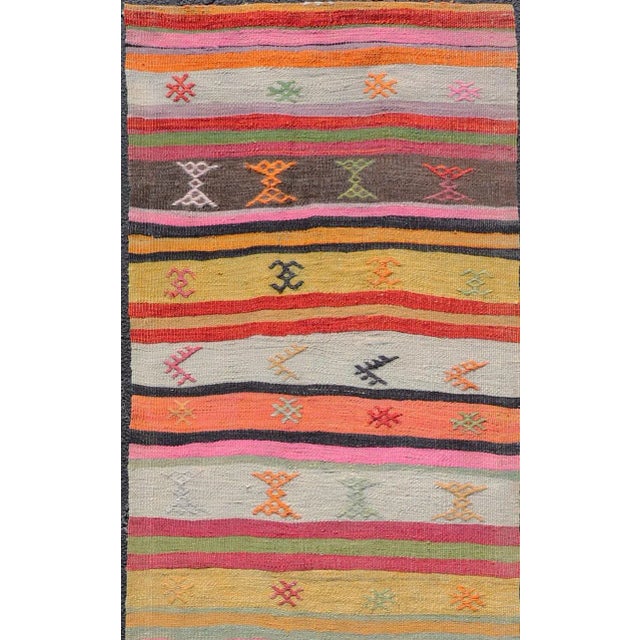 Mid 20th Century Vintage Hand Woven Turkish Kilim Colorful Stripe Runner With Tribal Motifs For Sale - Image 11 of 12