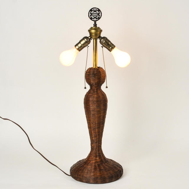Chocolate Antique Wicker Lamp Figural Tall Double Bulb Statement Lamp For Sale - Image 8 of 12