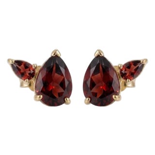 Garnet Pear Stud Earrings | Dainty Gemstone Dual Studs | January Birthstone Gift | Minimalist Luxury Jewelry - A Pair For Sale