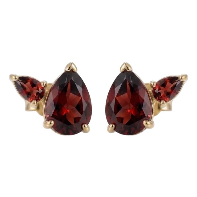 Garnet Pear Stud Earrings | Dainty Gemstone Dual Studs | January Birthstone Gift | Minimalist Luxury Jewelry - A Pair For Sale