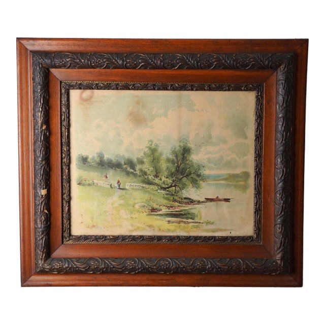 Antique Victorian Print of Tranquil Riverside Scene Signed S. A. Mullholland Dated 1897 For Sale