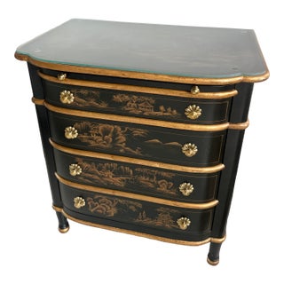 Chinese Style Black and Gold Chest With Matching Mirror For Sale