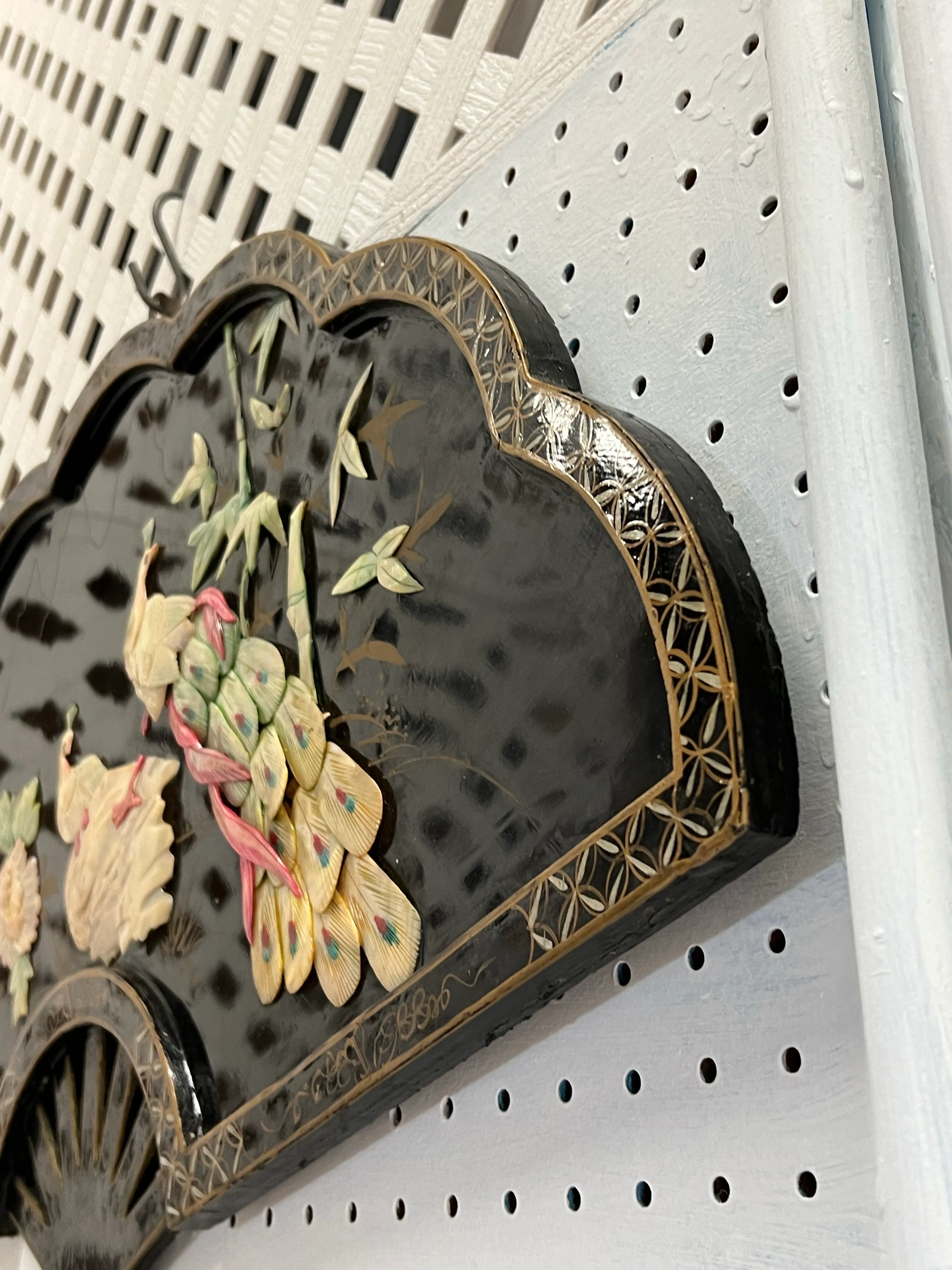 Mid Century Asian Lacquered Wall Art Fan With Mother of Pearl