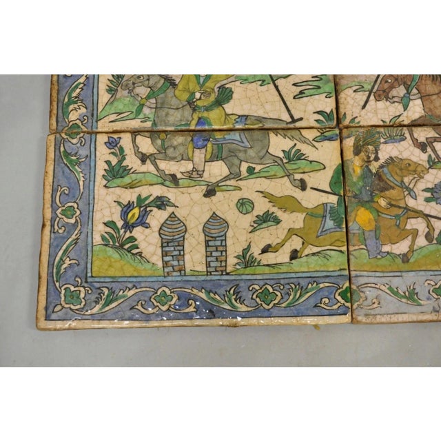 Early 20th Century Antique Persian Iznik Qajar Style Ceramic Pottery Tile Mosaic Polo Players C7 For Sale - Image 5 of 11