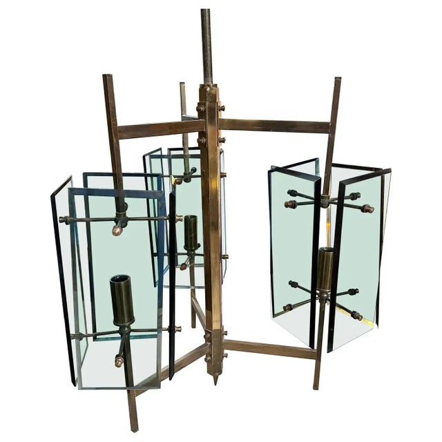 1970s Cristal Arte Mid-Century Modern Brass and Green Glass Italian Chandelier For Sale - Image 12 of 12