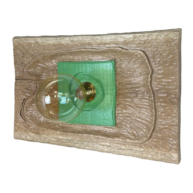 "Oasi Verde" lamp by Pietro Meccani. Beautiful hand-carved oak wall lamp with colored parts. Designed in 1996, it is...