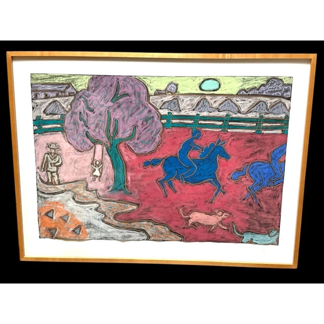 George Colin (1929-2014, American) Pastel Chalk Painting in a Folk Art Style showing life on a farm with People riding...