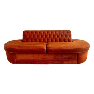1970s Orange Velour Tufted Armless Sofa For Sale