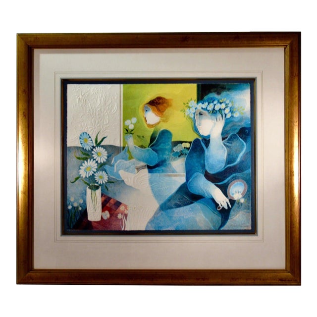 Sunol Alvar Women With Dove And Flowers C. 1980 Original Print For Sale