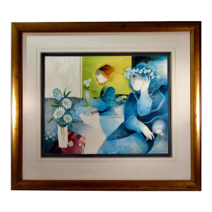 Sunol Alvar Women With Dove And Flowers C. 1980 Original Print