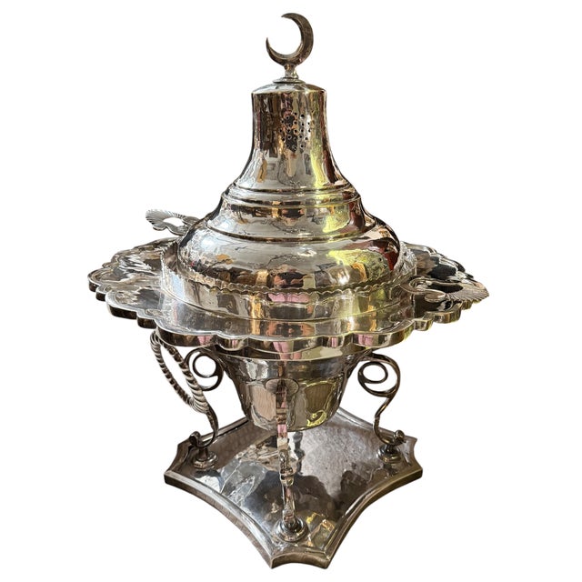 Huge Antique Silver Brazier W Crescent Moon Finial For Sale