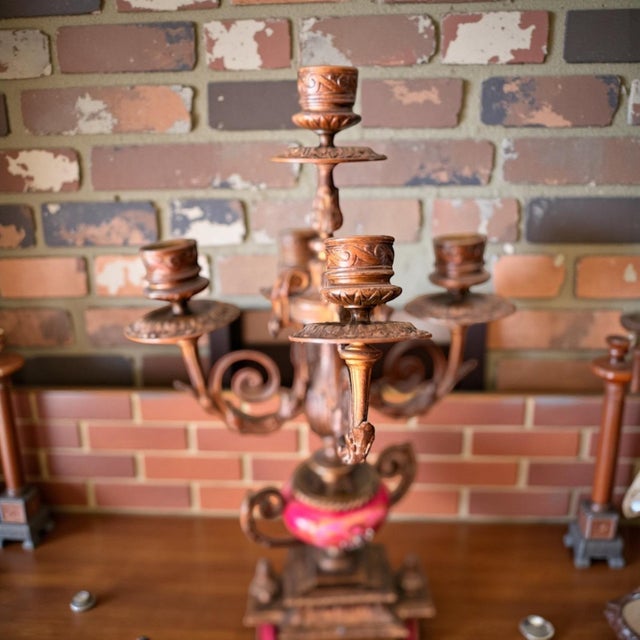 Pink 1900s Rare French Pink Sevres-Style Gilt Bronze Porcelain Mantle Clock + Candelabra For Sale - Image 8 of 12