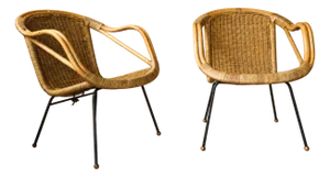 Mid-Century Modern Rattan Lounge Chairs in the Style of Paul McCobb, Pair