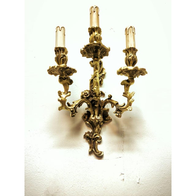 Gold Antique Three-Light Bronze Wall Lamp, 1890s For Sale - Image 8 of 18