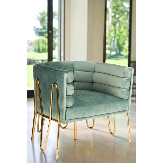 Showroom Sample Alexa Gold Barrel Chair in Green and Gold For Sale In Los Angeles - Image 6 of 7