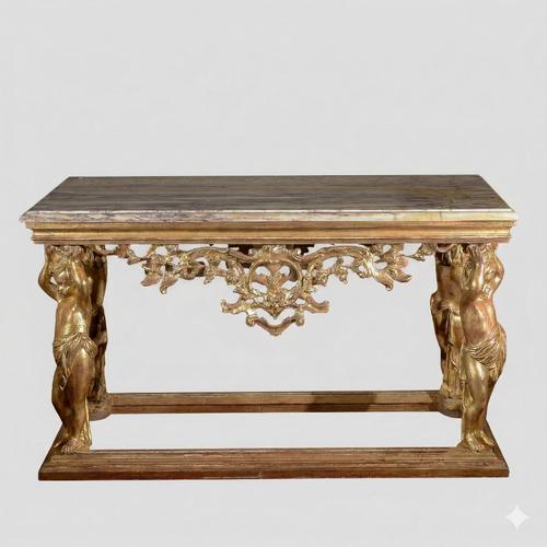 Carved Console Table with Marble Top and Cherubs For Sale - Image 9 of 9