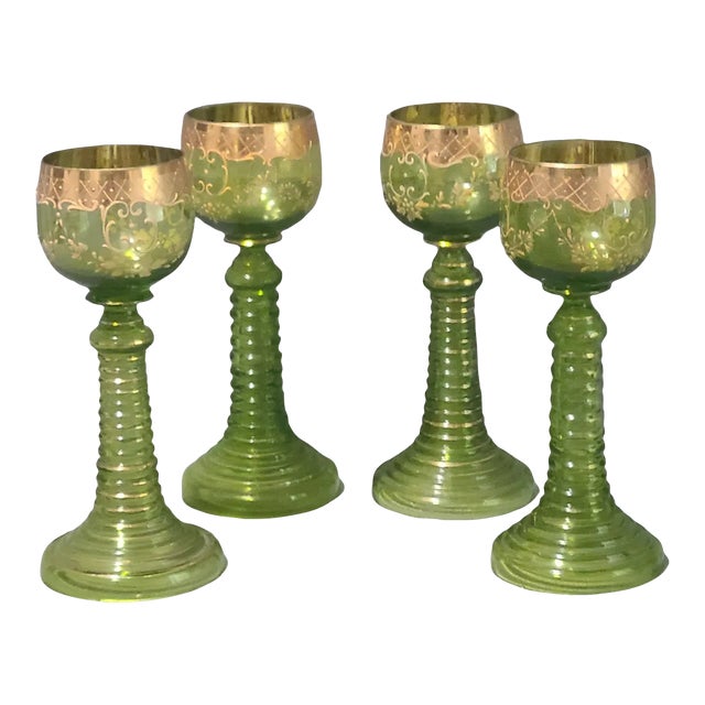 Antique Venetian Glass Bohemian Attributed to Moser Chalices Green Gilded Roemer Stems- Set of 4 For Sale
