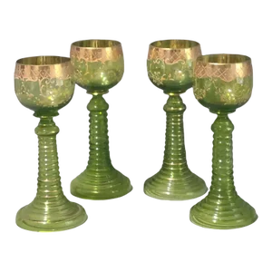 Antique Venetian Glass Bohemian Attributed to Moser Chalices Green Gilded Roemer Stems- Set of 4