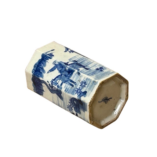 4" Small Octagonal Blue White Scenery Graphic Porcelain Art Vase For Sale - Image 10 of 16