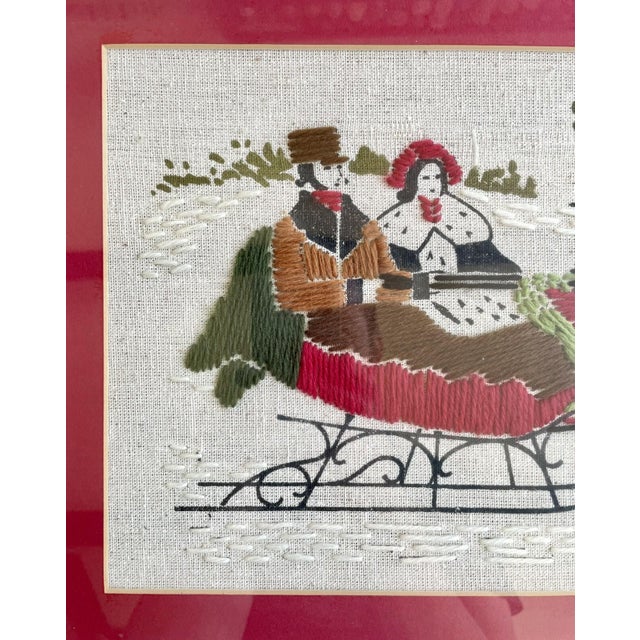 Arts & Crafts Pair of 1960s Framed Handmade Crewel Embroidery, Horses With Sleigh & Carriage For Sale - Image 3 of 18