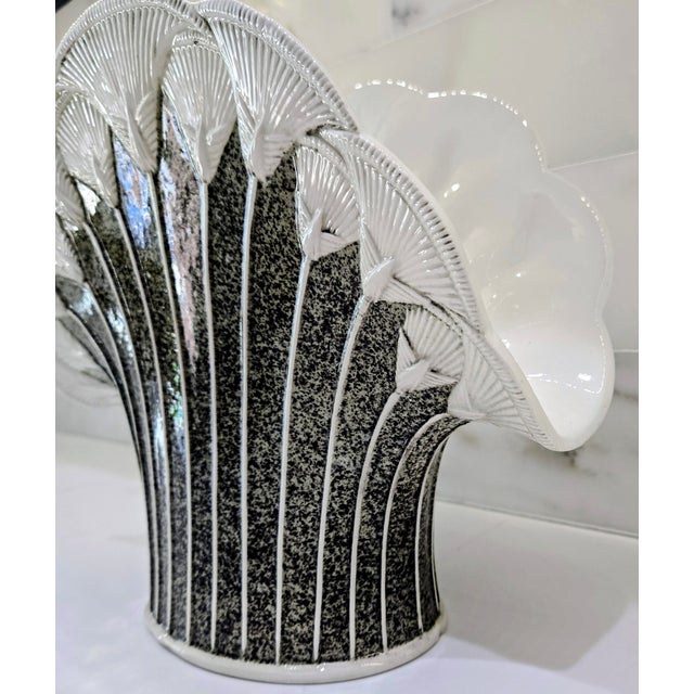 Italian Art Deco Style Fan Shell Ceramic Vase, Mottled Green Brown Glaze, Made in Italy For Sale - Image 4 of 10