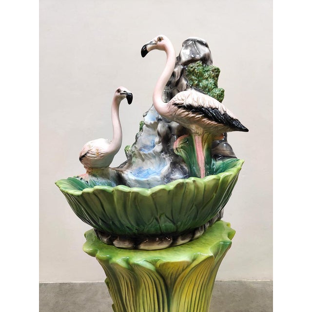 Vintage Art Nouveau Italian Ceramic Flamingo Fountain Stand in Majolica, 1960s For Sale - Image 4 of 5
