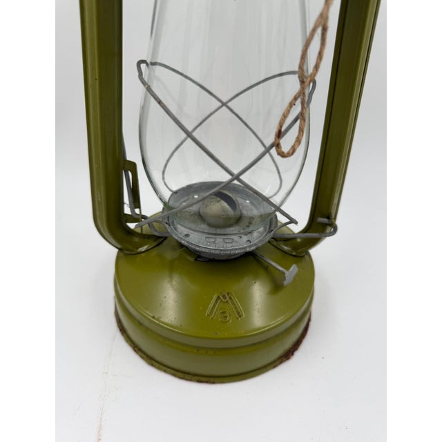 Postmodern Kerosene Storm Lamp in Green Lacquered Metal and Glass For Sale - Image 3 of 14
