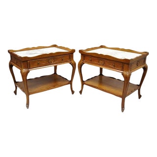 Mid 20th Century French Country Provincial Style Marble Top Shell Carved Danby End Tables - Pair For Sale