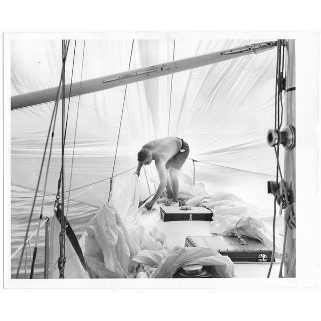 1965 black and white photograph by a St Petersburg, FL photographer of a sailor surrounded by the sails. Publication...
