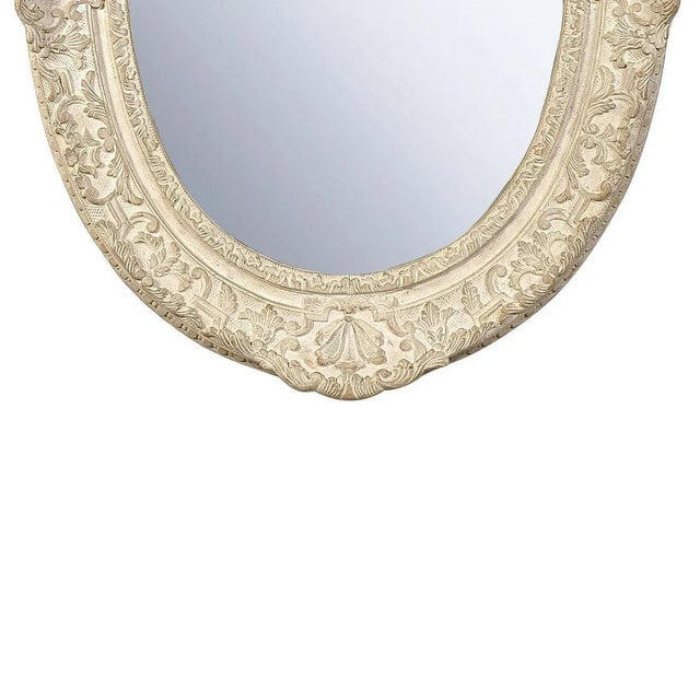 Neoclassical Empire Oval Silver Hand Carved Wooden Mirror, Spain, 1970s For Sale - Image 4 of 5