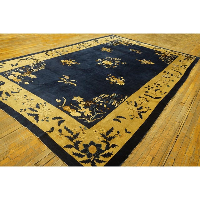 1920s Navy Blue Minimalist Floral Antique Chinese Peking Wool Rug 9' 2" X 14' 1" For Sale In New York - Image 6 of 9