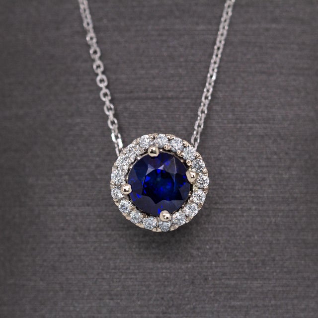 Contemporary Ceylon Sapphire Pendant With Natural Diamond Halo in 14k White Gold | Rd 6mm For Sale - Image 3 of 7