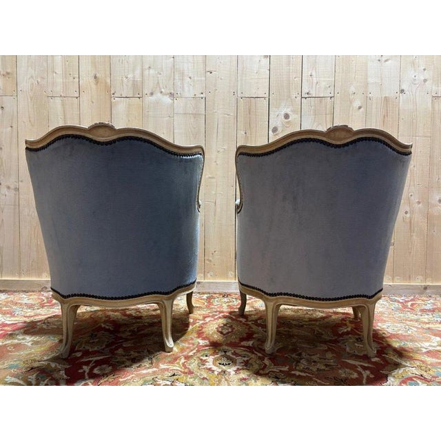 Louis XV Style Bergère Blue Chairs, Set of 2 For Sale - Image 6 of 9