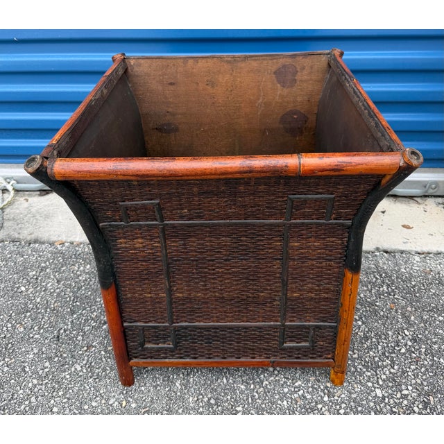 Mid 20th Century Oversized Vintage French Tortoise Rattan Planter Featuring a Curved, Flared Shape and Thick Bamboo Trim. For Sale - Image 5 of 11
