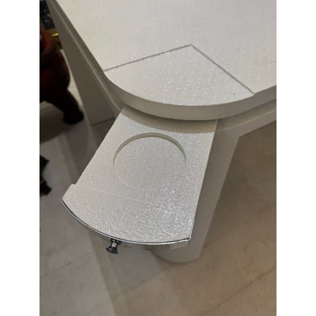 A striking and substantial vintage modern gaming card table, beautifully wrapped in textured white raffia with the bold,...