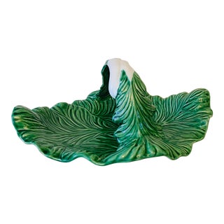 Vintage Rare Bordallo Pinheiro Large Majolica Cabbageware Serving Platter With Handle Centerpiece For Sale