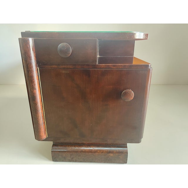 Art Deco Bedside Tables with Burl Walnut Veneer and Glass Tops, Europe, 1950s, Set of 2 For Sale - Image 4 of 13
