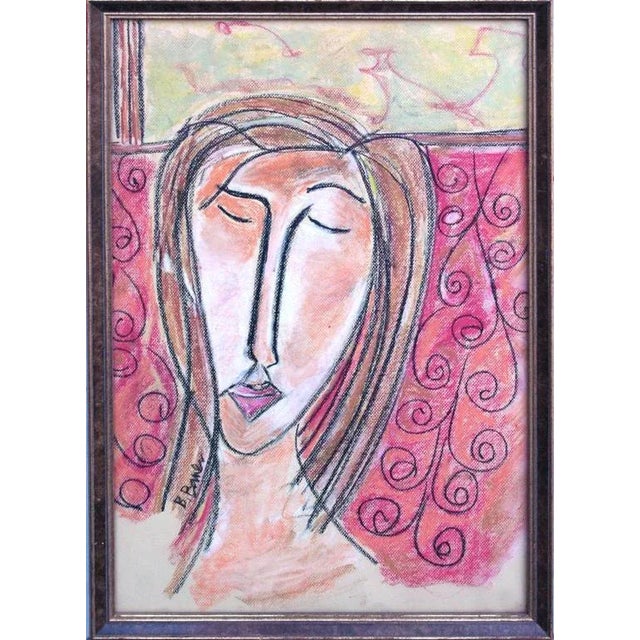 A colorful, energetic portrait of a woman by Bren Bauer (American, 20th-c.), the lines of which are reminiscent of...