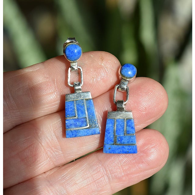 Vintage Escorcia Sterling Silver Lapis Inlaid Dangle Post Earrings, A Pair For Sale - Image 13 of 17