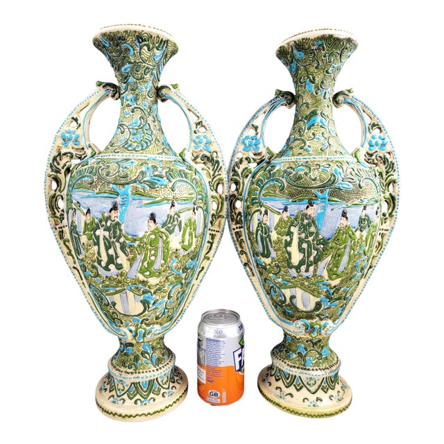 Antique Victorian Japanese Moriage Vases with High Relief Figures, 1890s, Set of 2 For Sale - Image 5 of 10