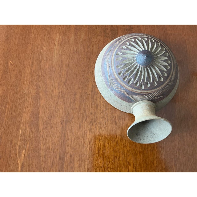 Southwestern / Native American Carved Flat Sided Water Jug earthenWare Pottery Vase -Signed For Sale - Image 4 of 11