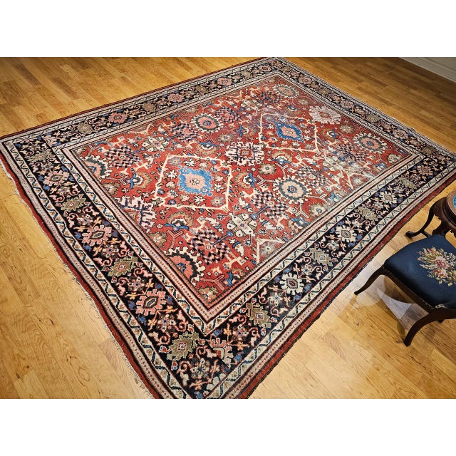 Antique Persian Mahal Sultanabad Rug, Hand-Knotted Wool, Geometric Pattern, 9x12, Red & Navy For Sale - Image 4 of 18