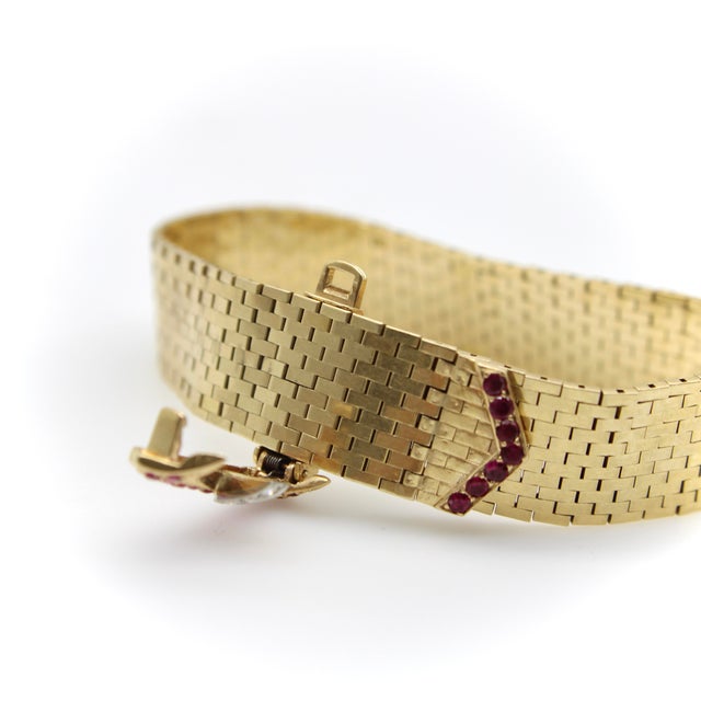 Gold 1940s Retro 14k Gold Ruby and Diamond Buckle Bracelet With Brick Link For Sale - Image 8 of 13