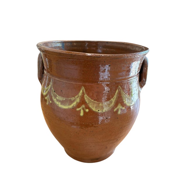 Late 20th Century Antique French Terracotta Pitcher Pot With Hand-Painted Swag Design For Sale - Image 5 of 9