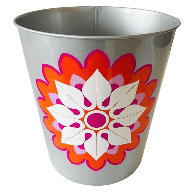Cool Vintage Simel Vich pop art metal trash can with a graphic floral print in grey from the 1970s. Simel Vich is a...