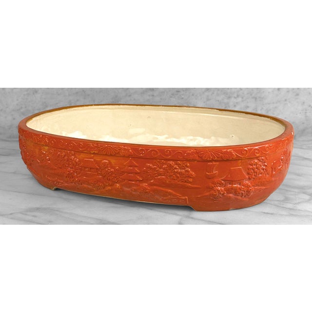 Vintage Large Japanese Ceramic Orange Oval Bonsai Planter For Sale - Image 4 of 13