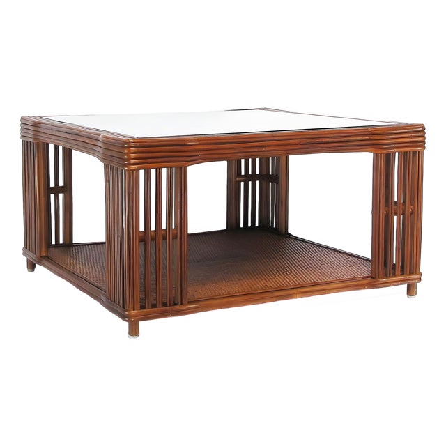 1990s Art Deco Presidents Nantucket Stick Walnut Finished Reed Rattan Coffee Table For Sale